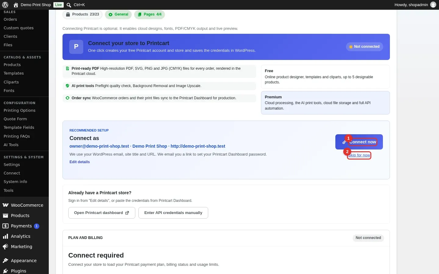 PCDesigner Set Up wizard, Connect Printcart step, with the Connect now button and the Skip for now link highlighted