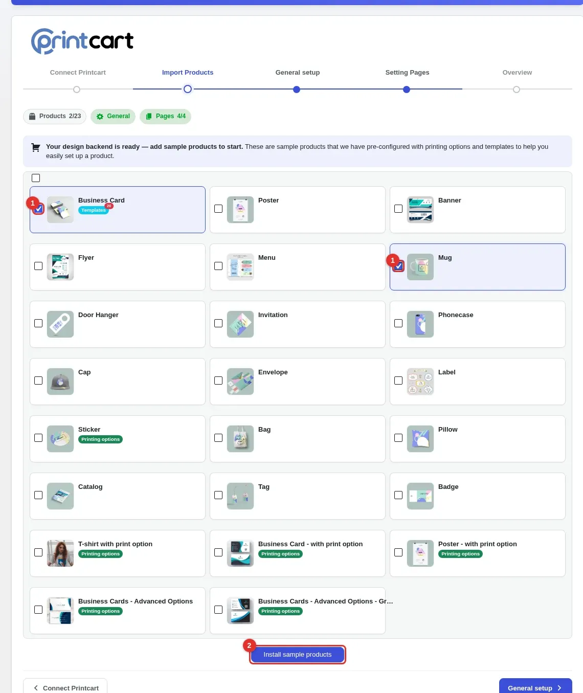 Import Products step of the setup wizard with Business Card and Mug ticked and the Install sample products button highlighted