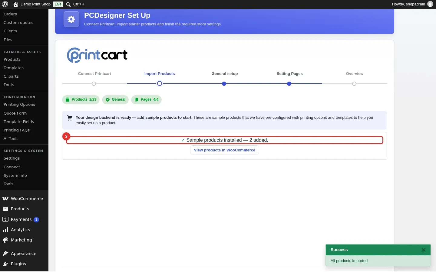Setup wizard showing the message Sample products installed, 2 added