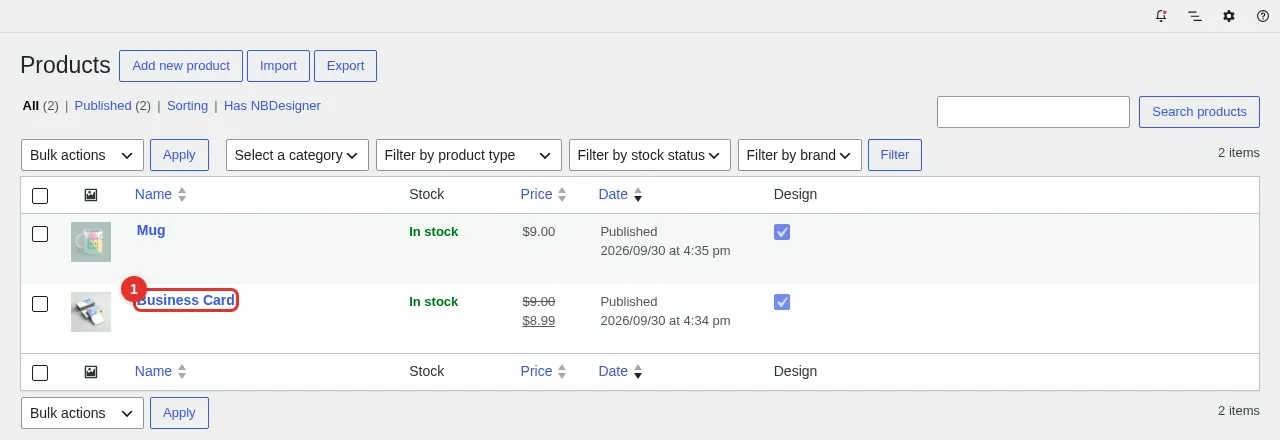 WooCommerce Products list showing the imported Business Card product as published