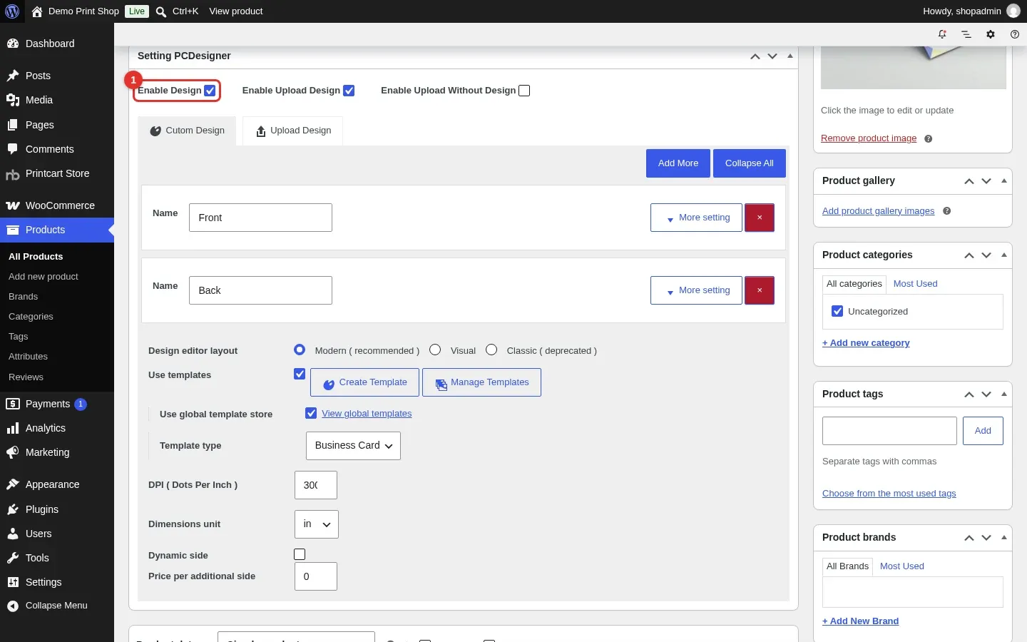Business Card product edit screen with the Setting PCDesigner box and the Enable Design checkbox highlighted