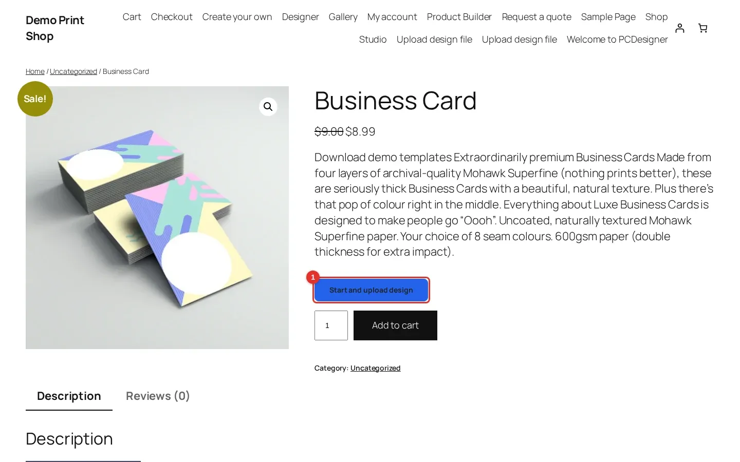 Business Card product page in the shop with the Start and upload design button highlighted