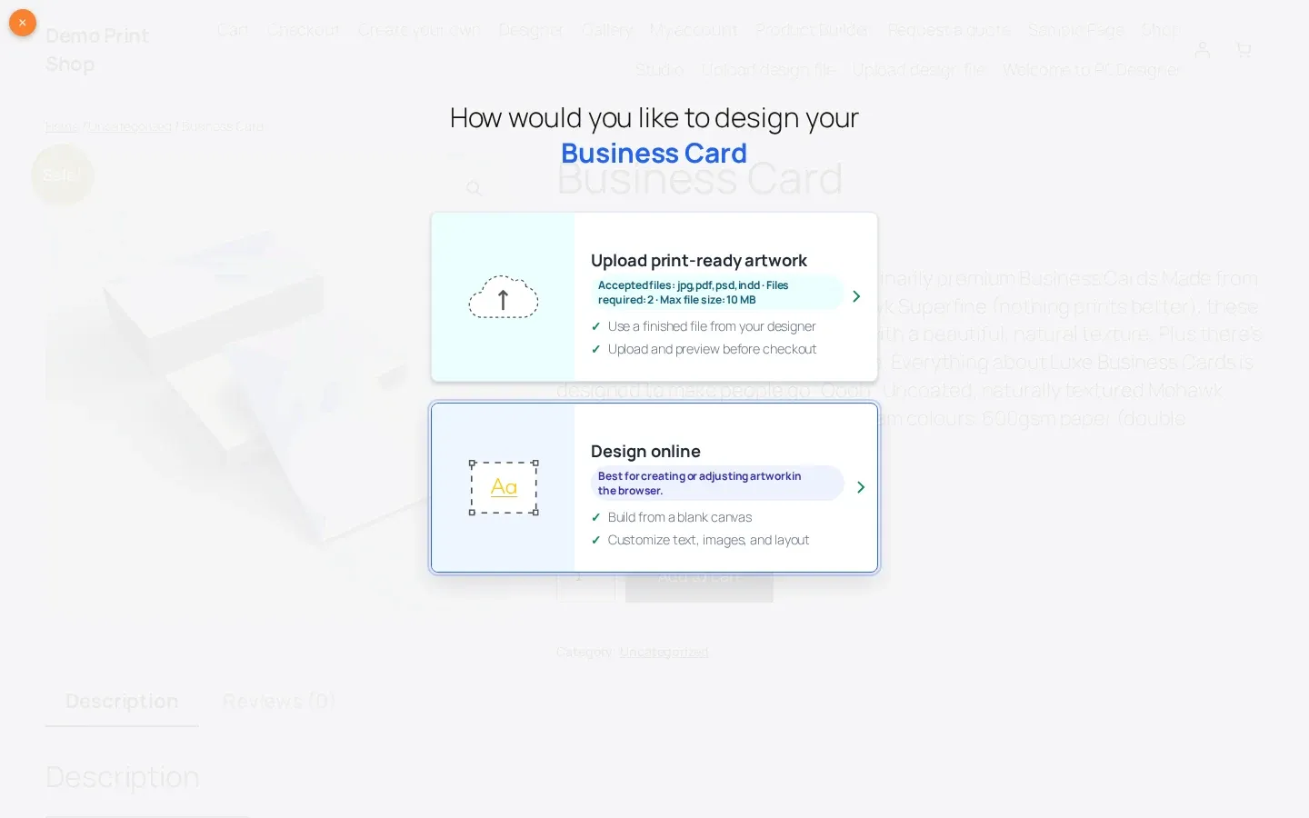 Chooser asking how to design the Business Card, with the Design online option under the cursor