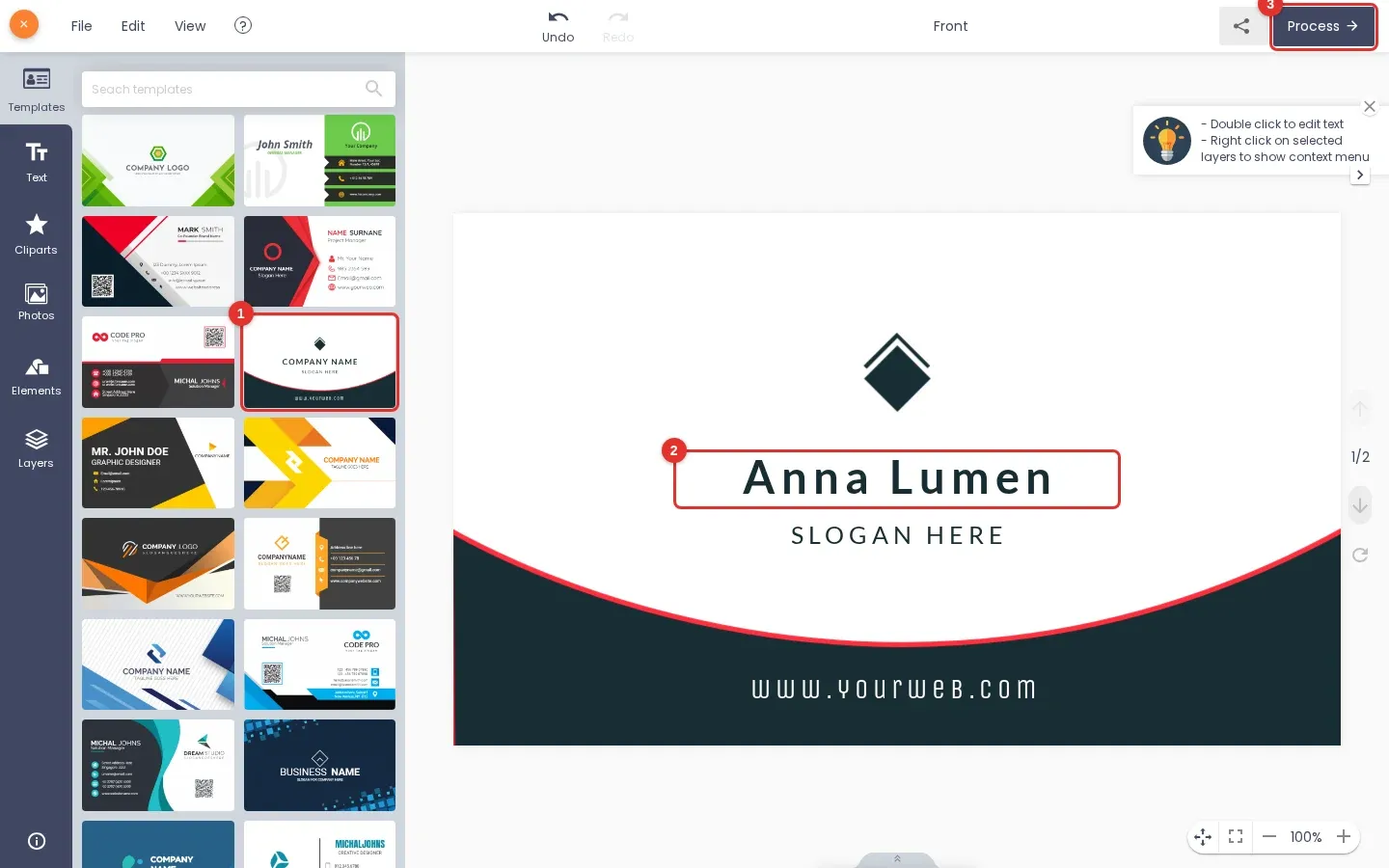 Product designer with a business card template selected, the name edited to ANNA LUMEN and the Process button highlighted