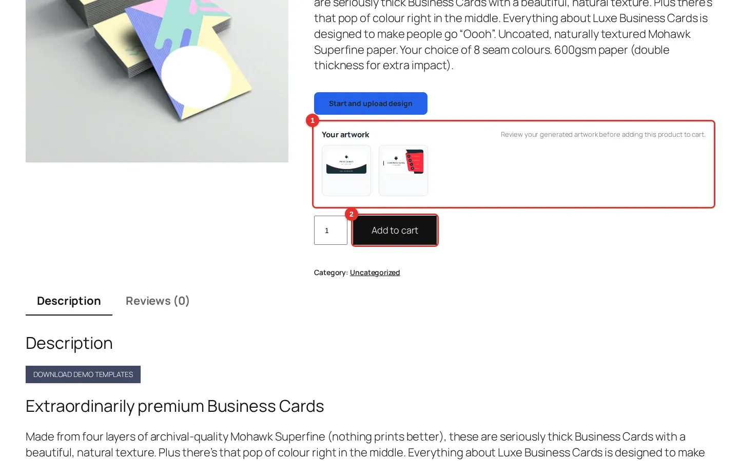 Product page showing the Your artwork preview of the front and back and the Add to cart button highlighted