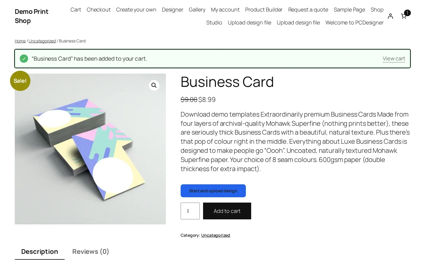 Product page after the customized Business Card was added to the cart