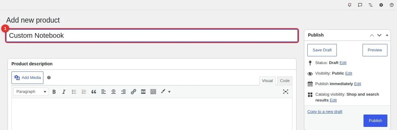 WooCommerce Add new product screen with the product name Custom Notebook highlighted