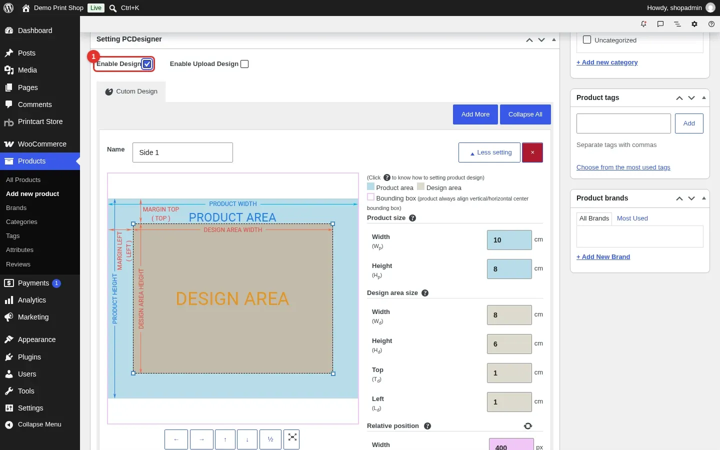 Setting PCDesigner box with the Enable Design checkbox highlighted and a Side 1 preview showing the product area and design area