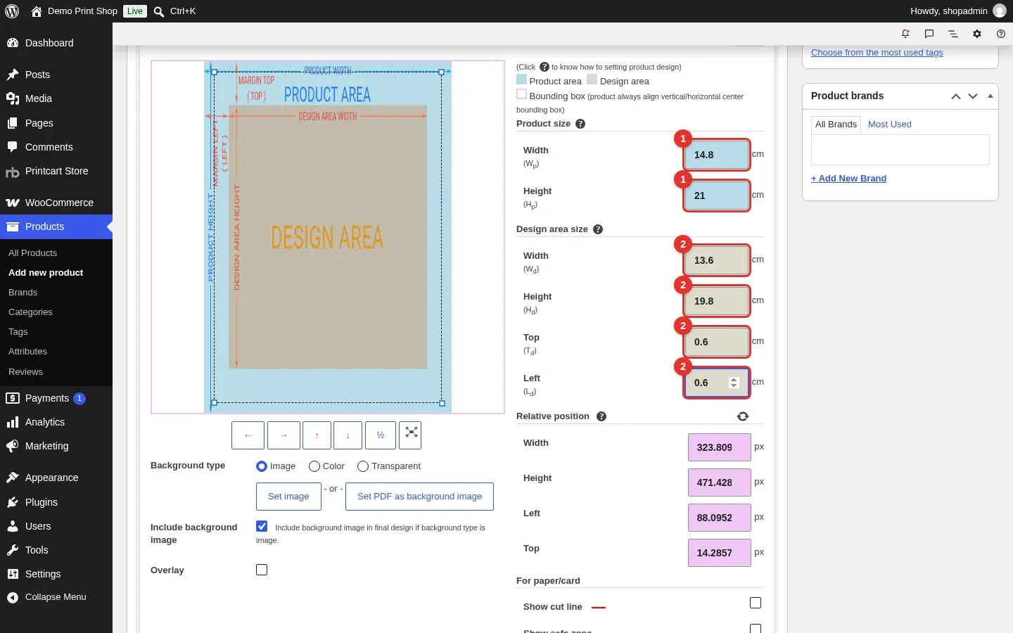 Product size and design area size fields filled in for an A5 notebook, with the preview showing the areas