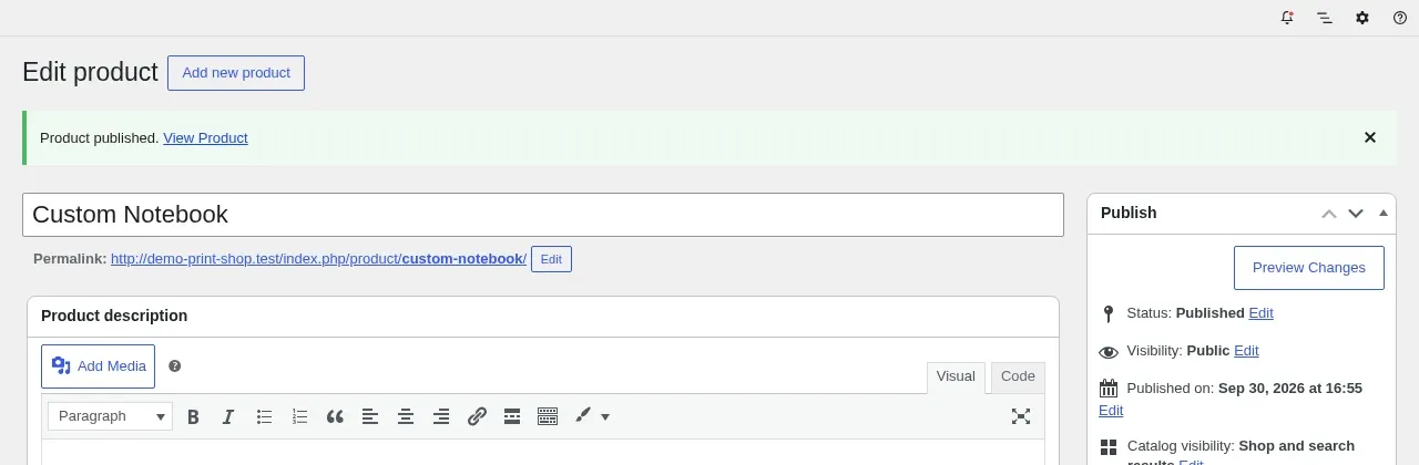 WooCommerce edit product screen showing the notice Product published with a View Product link