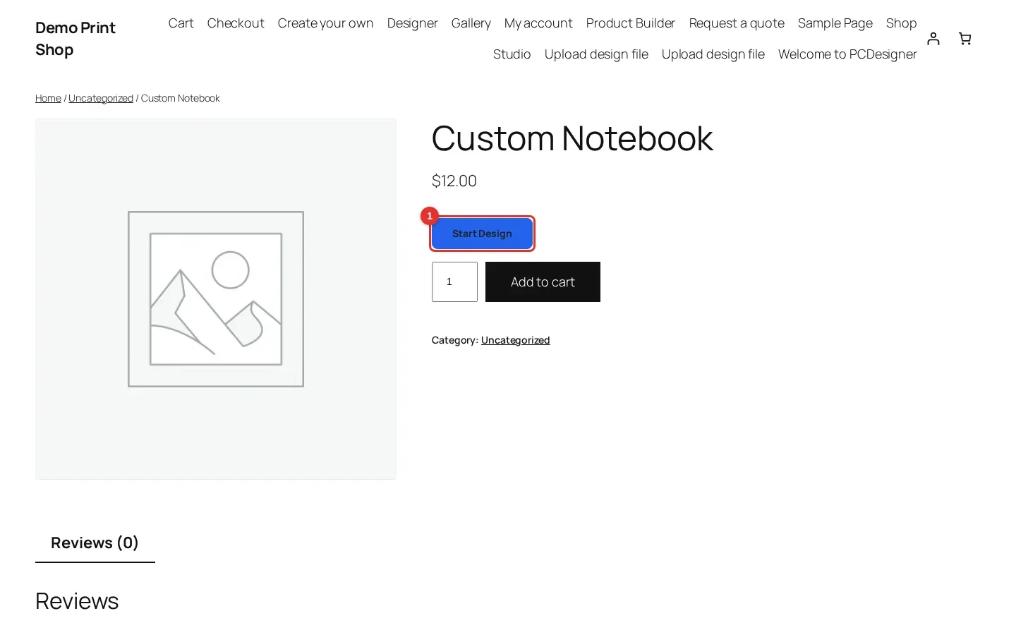 Custom Notebook product page with the Start Design button highlighted next to Add to cart