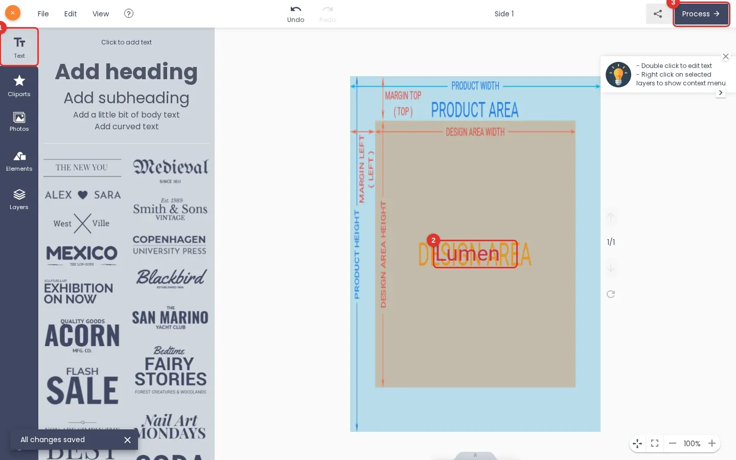 Online designer with a text layer edited on the canvas and the Process button highlighted