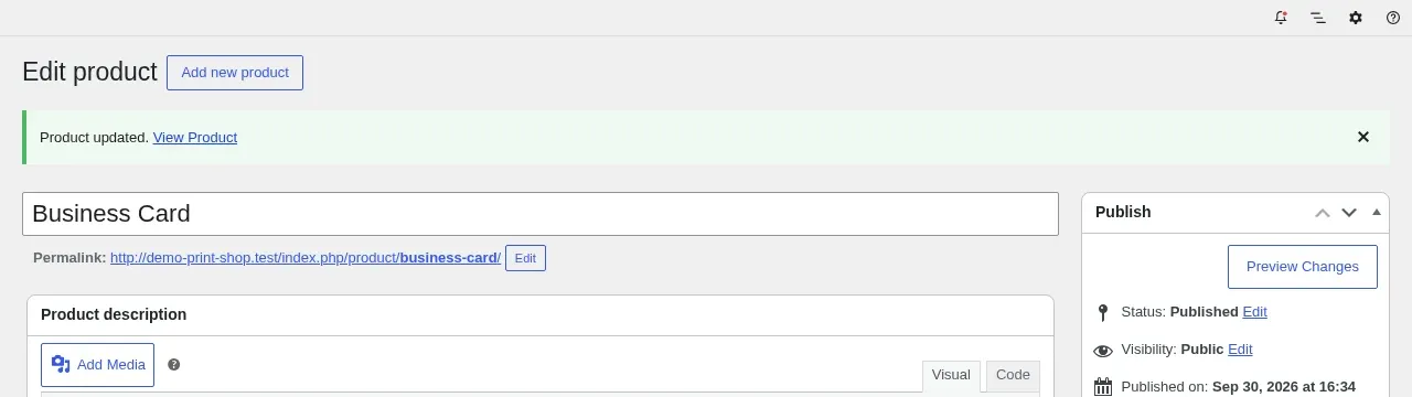 Edit product screen with the notice Product updated