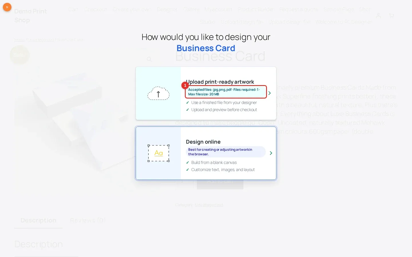 Chooser dialog with the Upload print-ready artwork card showing accepted files jpg,png,pdf, 1 file and 20 MB