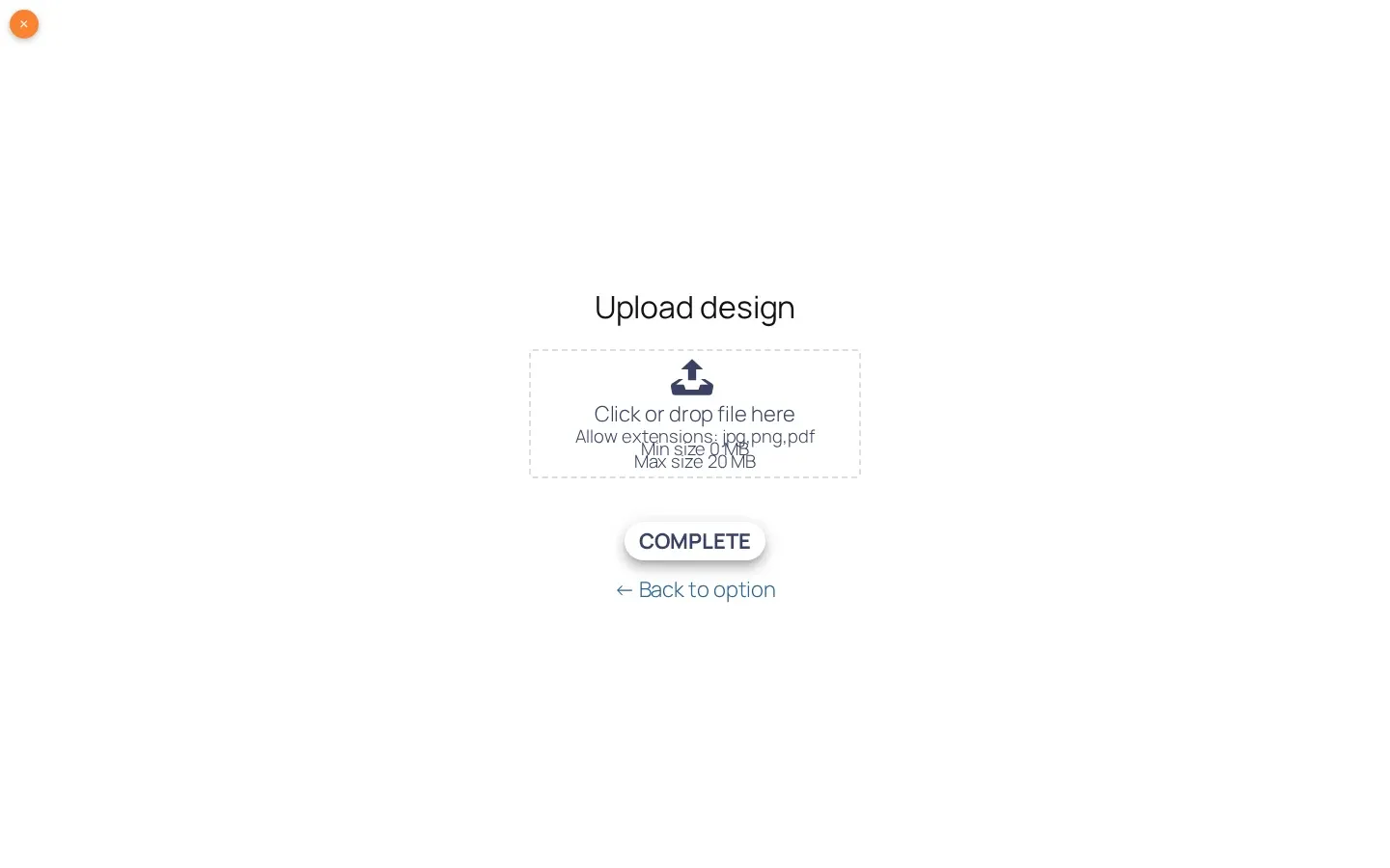 Upload design dialog with a drop area that lists the allowed extensions and the maximum size
