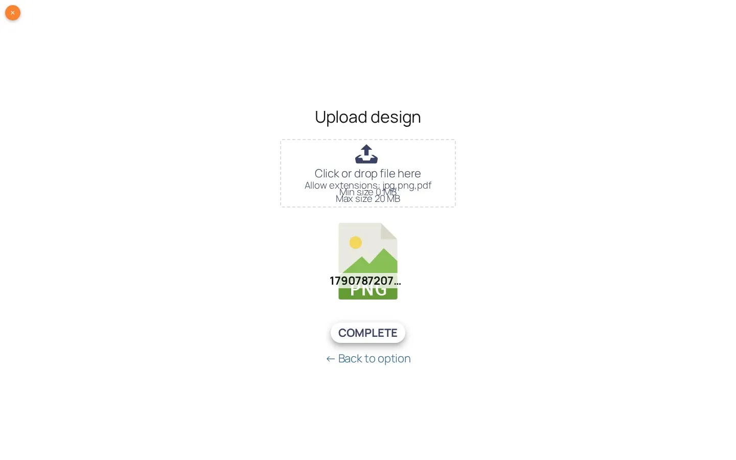 Upload design dialog showing a PNG file thumbnail after the file was chosen