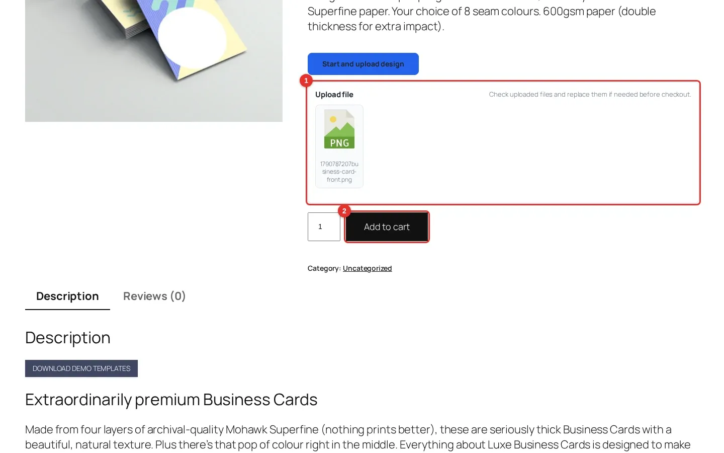 Product page with the Upload file box listing the uploaded file and the Add to cart button highlighted