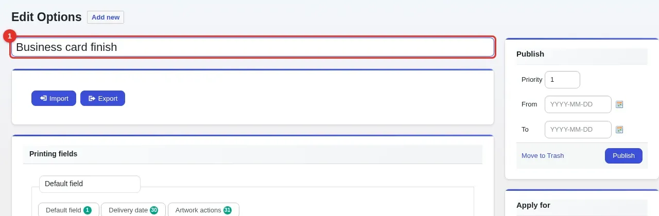 Edit Options screen with the option set title Business card finish highlighted