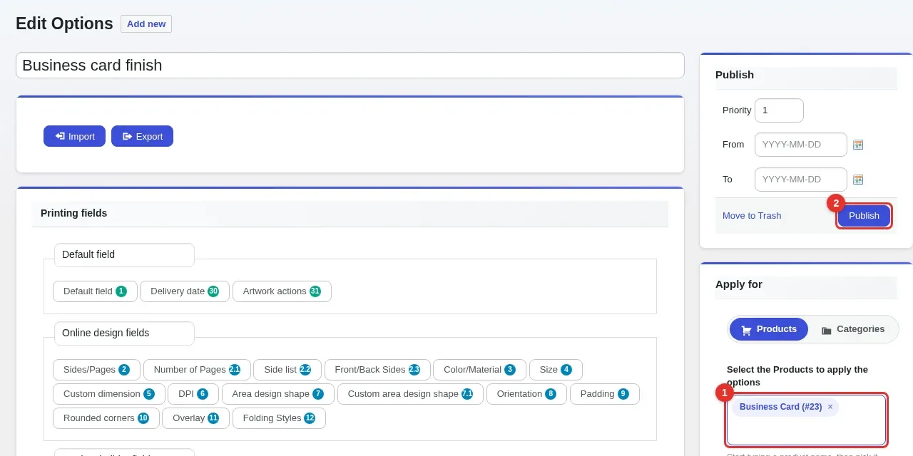 Apply for box with the Business Card product selected and the Publish button highlighted