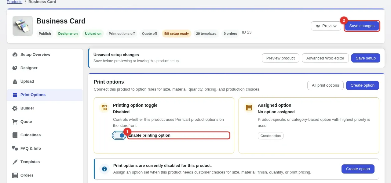 Product setup Print Options tab with the Enable printing option switch and the Save changes button highlighted