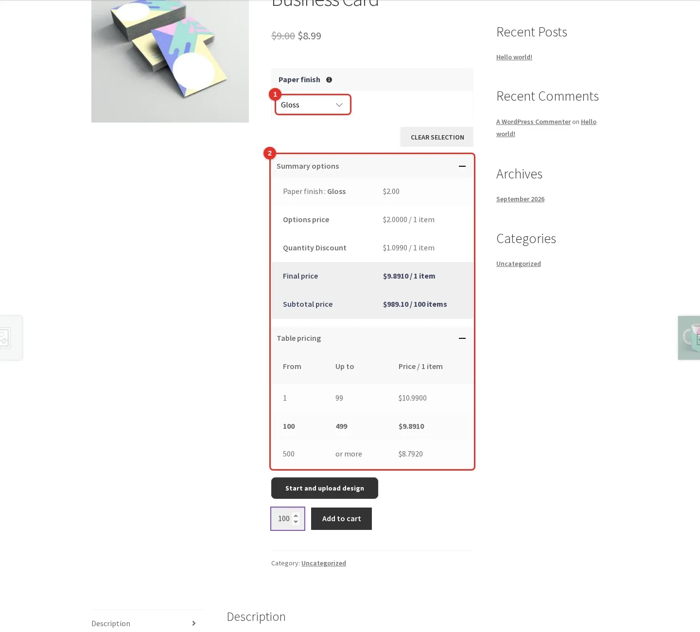 Product page with the Paper finish dropdown set to Gloss, the price summary and the table pricing highlighted
