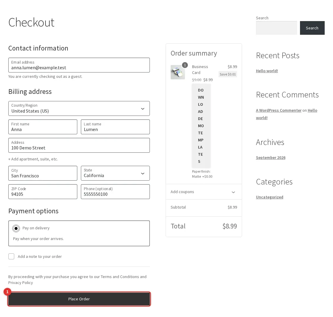 Checkout page with the Pay on delivery payment option selected and the Place Order button highlighted