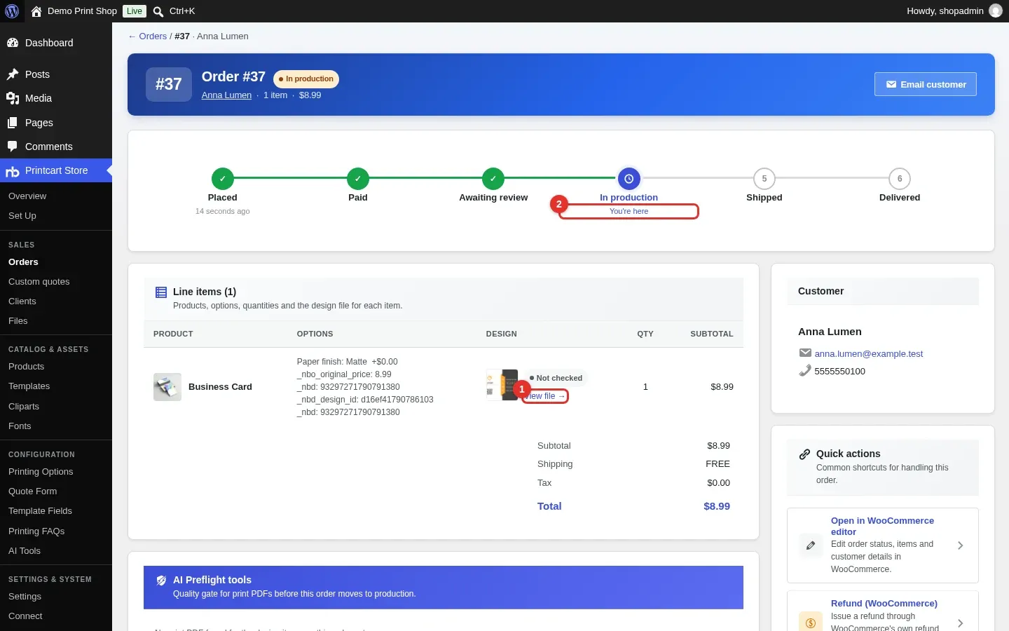 Order page with the status timeline, line items with a design preview, the View file link and the current step highlighted