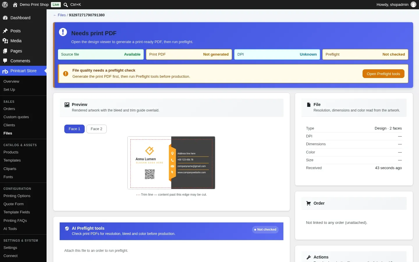 Design file page with a two-face preview, status boxes and the Download original button highlighted
