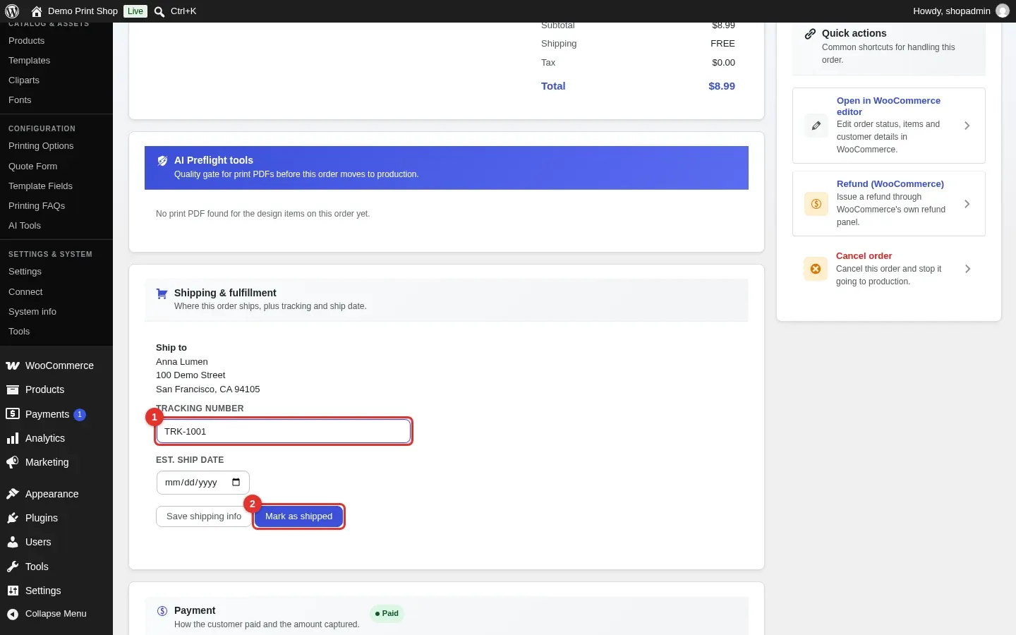 Shipping and fulfillment block with the tracking number field and the Mark as shipped button highlighted