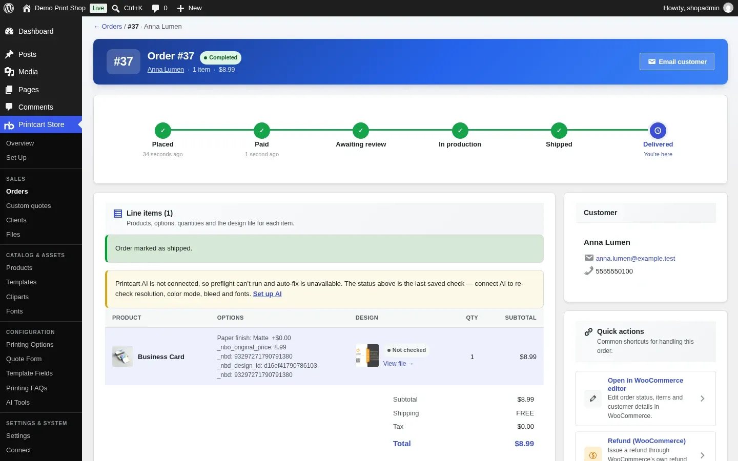 Order page after shipping showing the message Order marked as shipped, status Completed and the timeline at Delivered