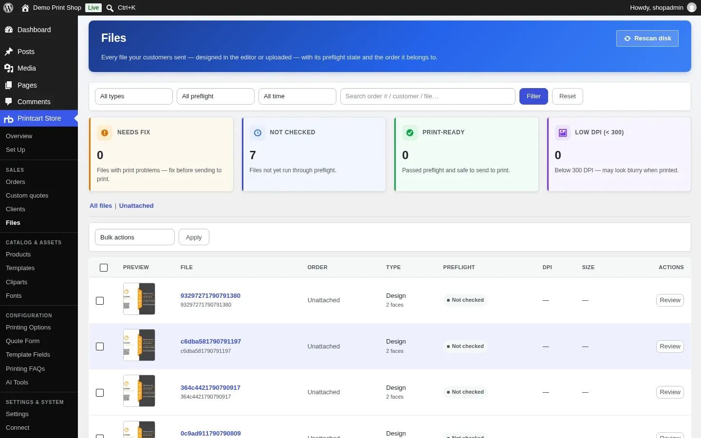 Printcart Store Files list with preflight status cards and one design file