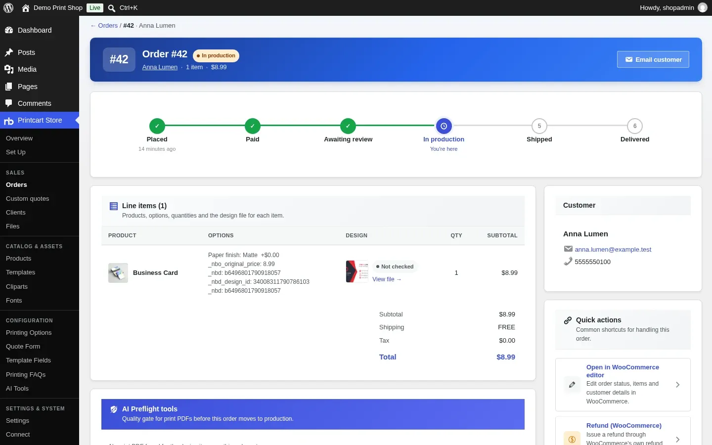 Printcart Store order page for the phone order showing the status timeline at In production, the Paper finish option, the design thumbnail and the customer details
