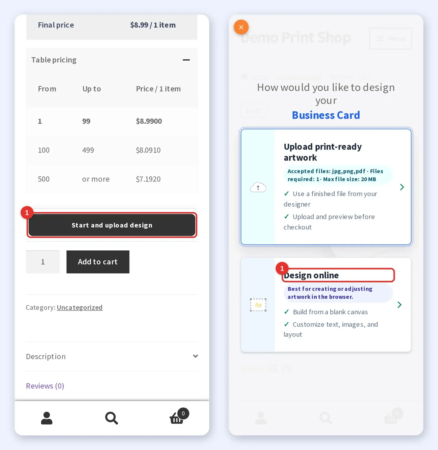 Business Card product page on a phone with the Start and upload design button highlighted, next to the chooser asking how to design the card with Design online highlighted
