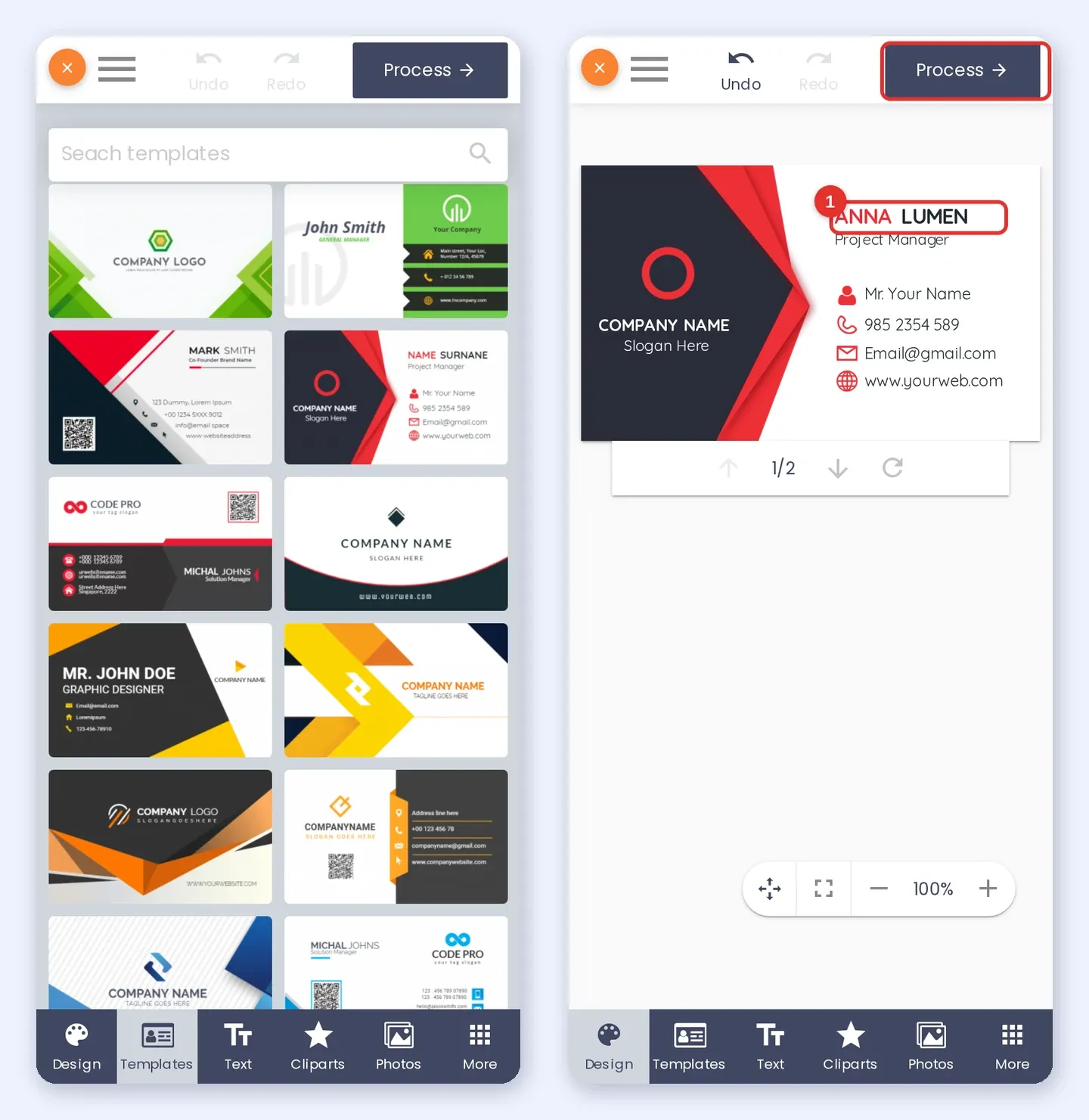 Phone designer with the Templates tab open and a list of business card templates, next to the chosen template with the name changed to ANNA LUMEN and the Process button highlighted