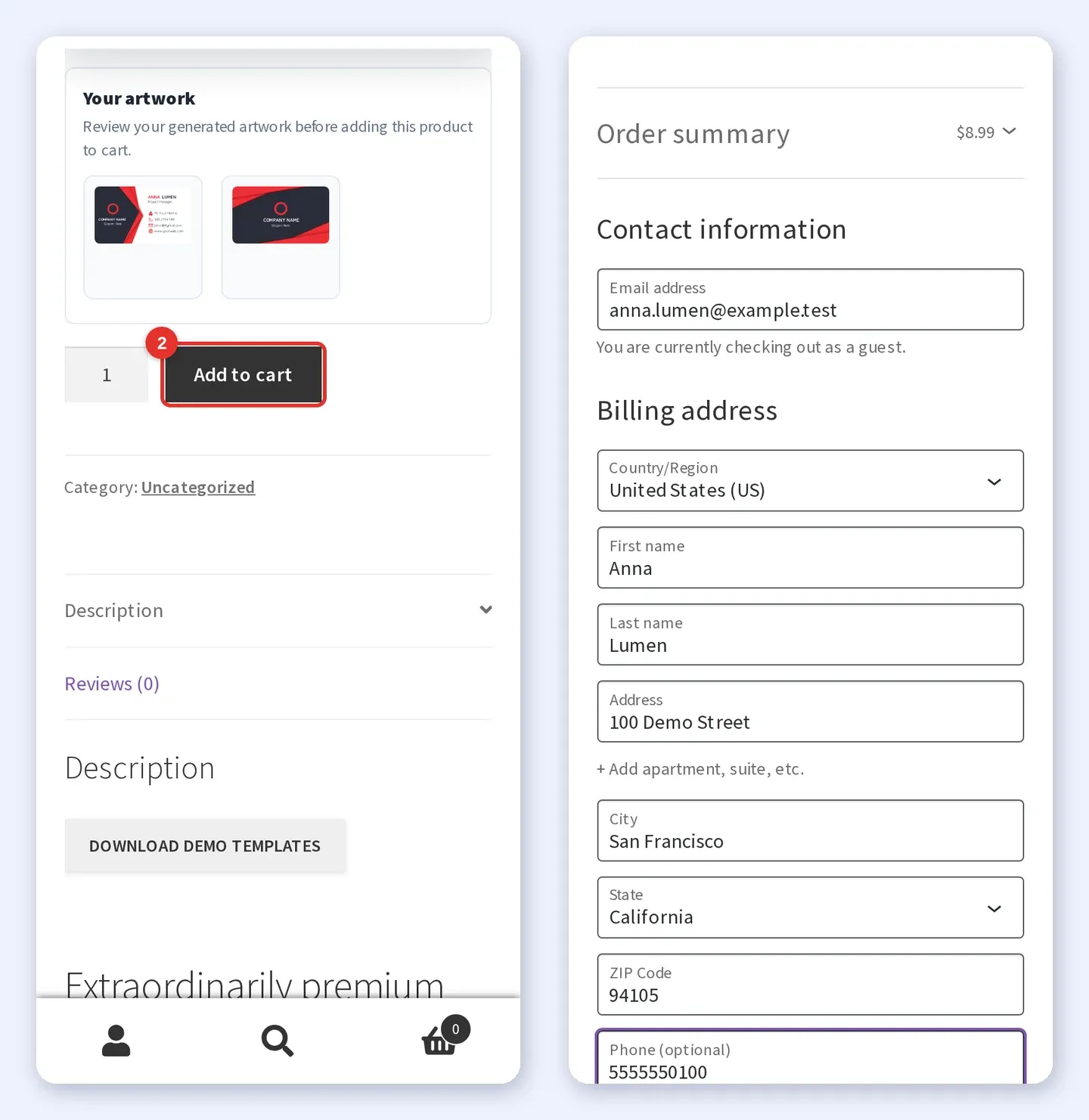 Phone product page showing Your artwork with a preview of both sides and the Add to cart button highlighted, next to the checkout contact and billing form