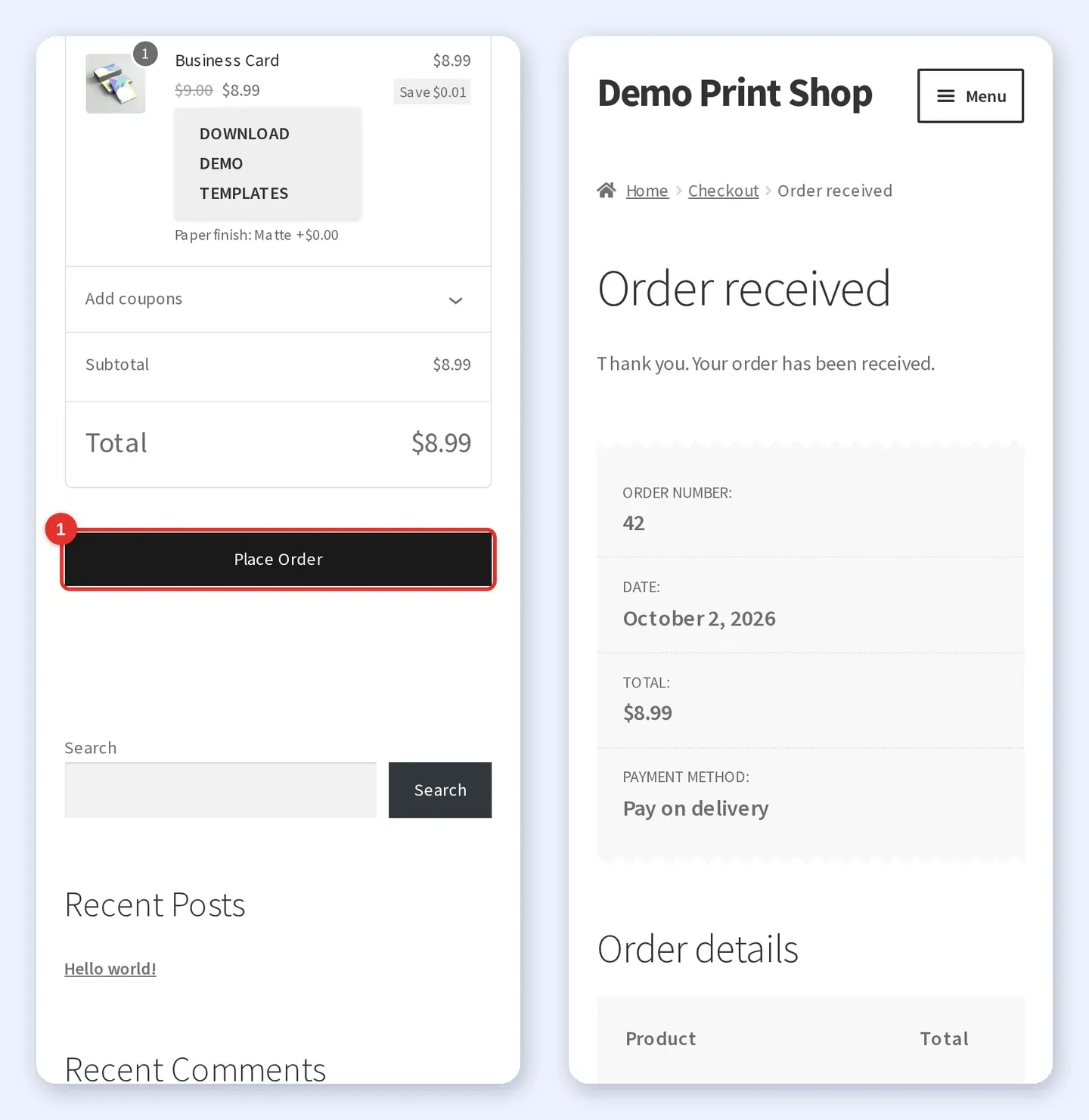 Phone checkout with the Place Order button highlighted, next to the Order received confirmation showing the order number