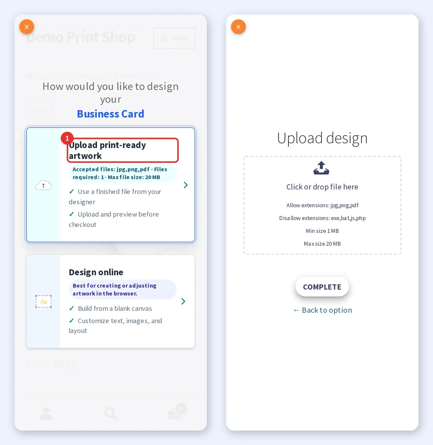 Phone chooser with the Upload print-ready artwork card highlighted, next to the Upload design box listing the allowed extensions and the size limits