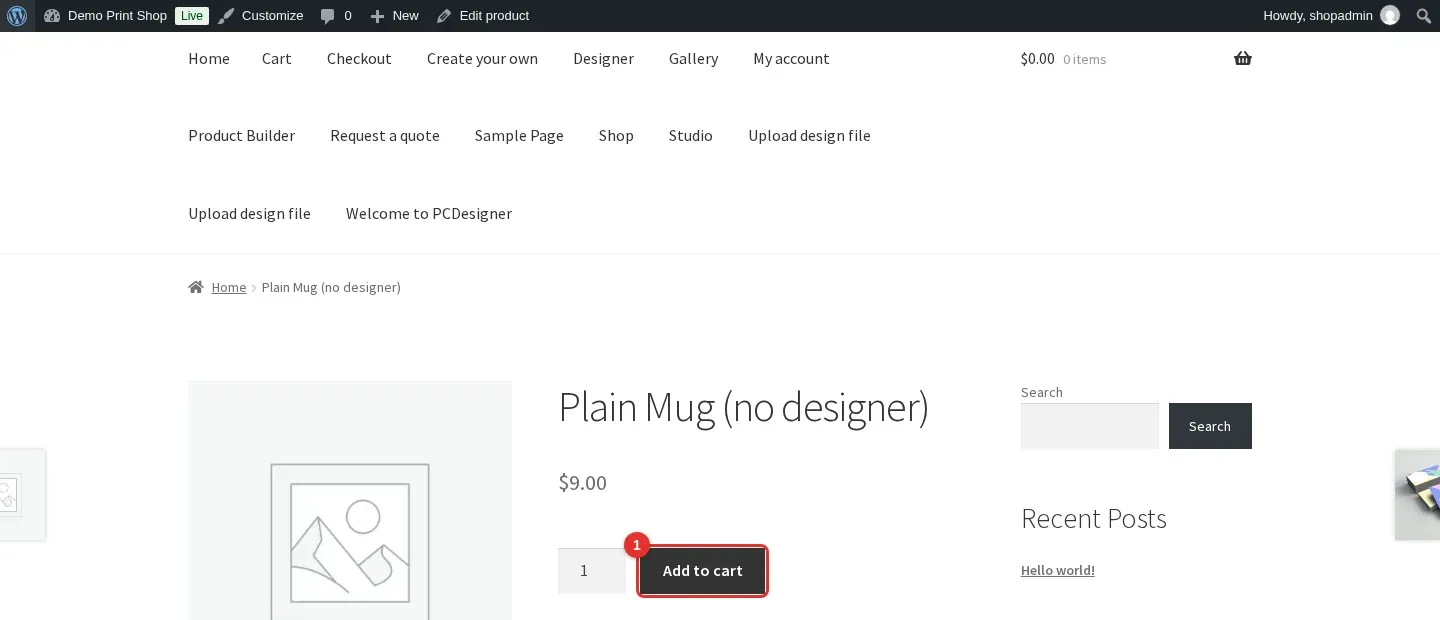 Product page with only the Add to cart button highlighted and no design button