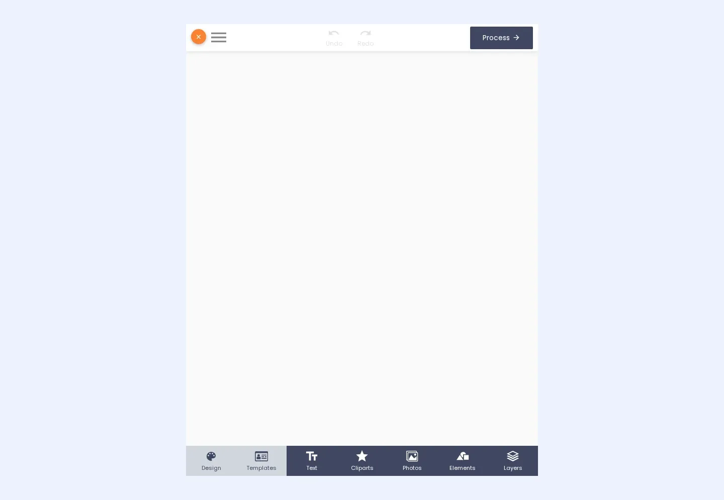 Designer opened in a desktop browser window about 700 pixels wide, with an empty canvas area between the Process button and the tab bar