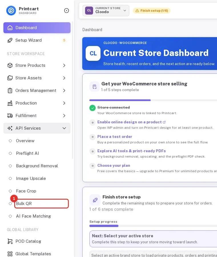 Printcart Dashboard sidebar with API Services expanded and the Bulk QR item marked 1