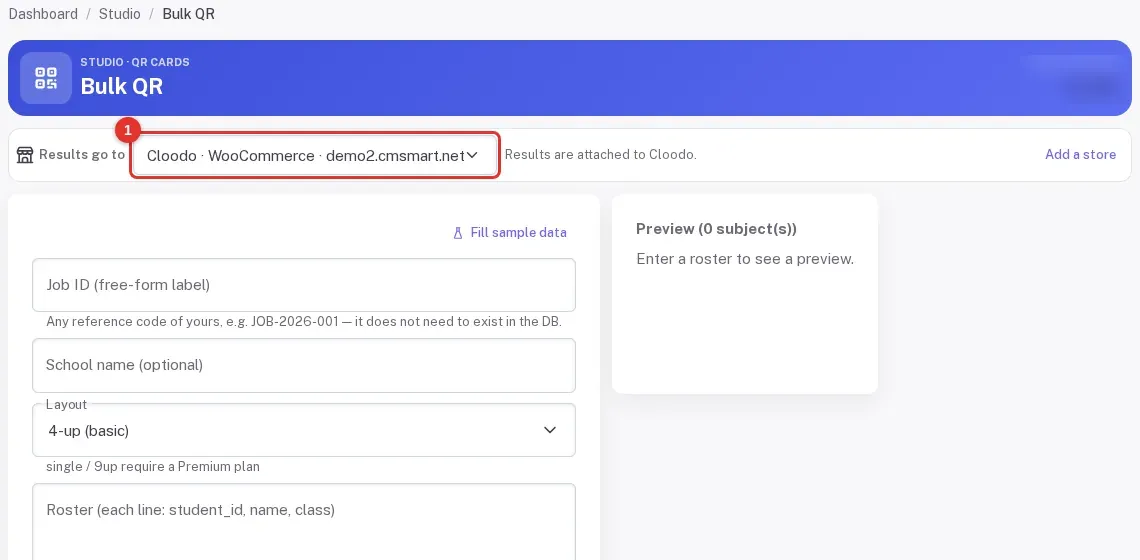 Bulk QR form before any data is added, with the Results go to store picker marked 1
