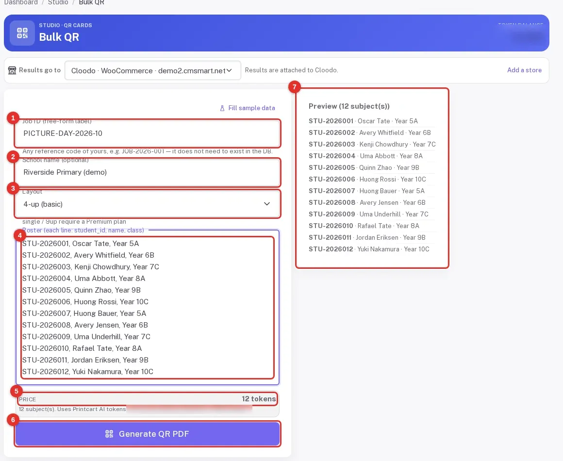 Bulk QR form filled in with Job ID marked 1, school name marked 2, layout marked 3, the roster marked 4, the price of 12 tokens marked 5, the Generate button marked 6 and the 12-student preview marked 7