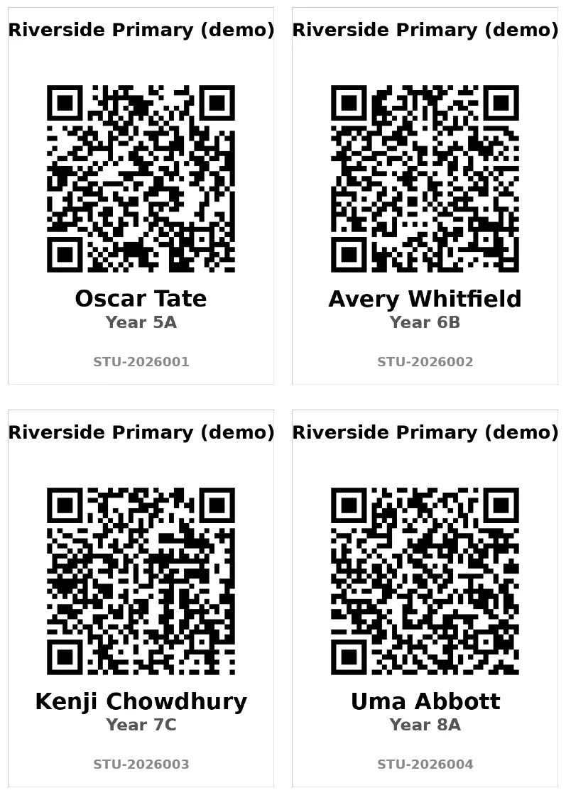 First page of the generated PDF with four student cards, each with a school name, a QR code, the student name, class and ID