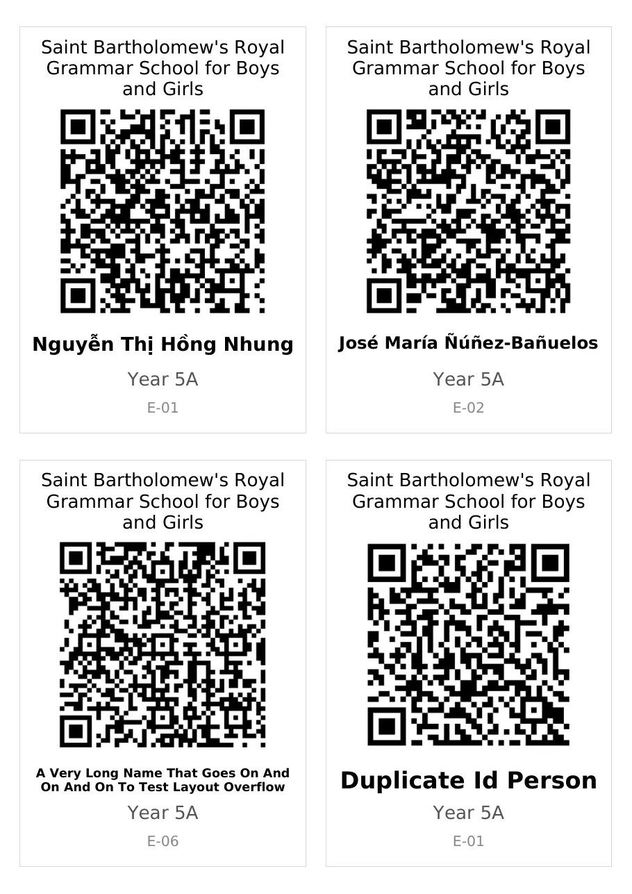 Four generated cards where the long school name wraps onto three lines, accented Vietnamese and Spanish names print correctly, and a very long student name shrinks onto two lines