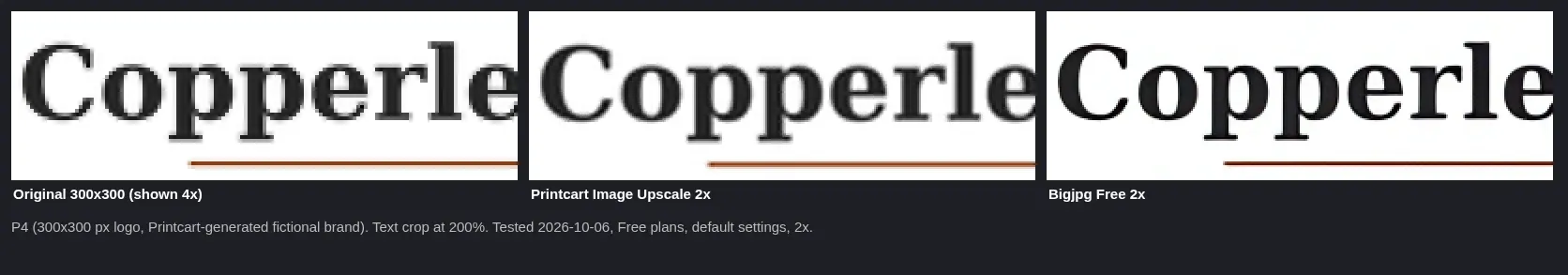 Logo text crop at 200%: 300 px original, Printcart 2x and Bigjpg 2x, tested 2026-10-06