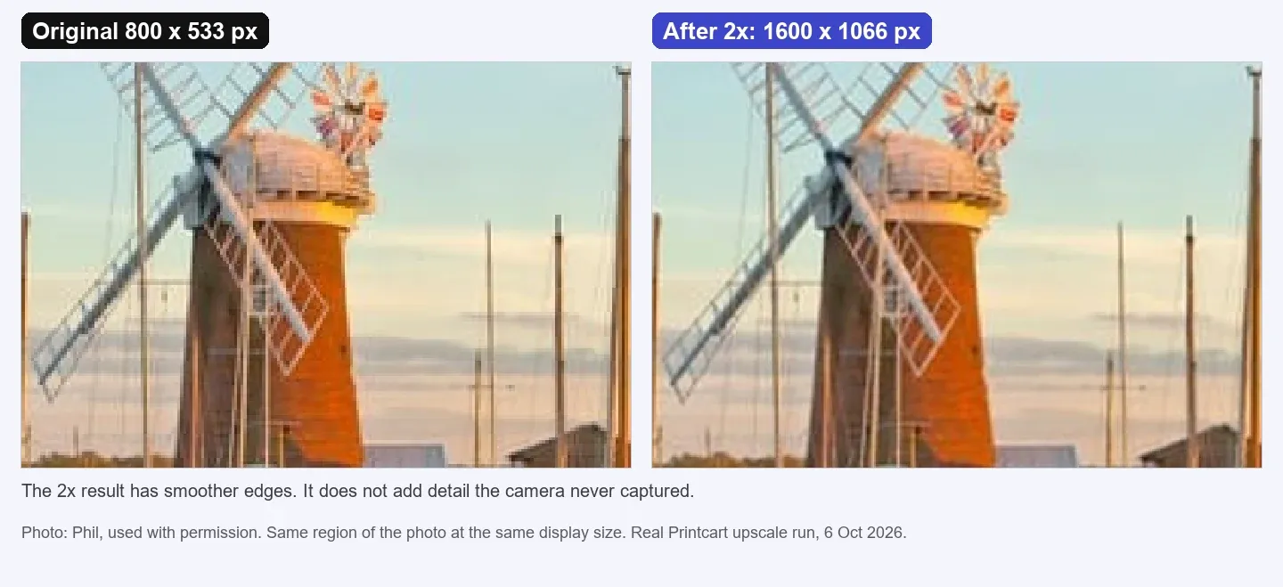 The same region of an 800 pixel photo before and after a 2x upscale, the result with smoother edges
