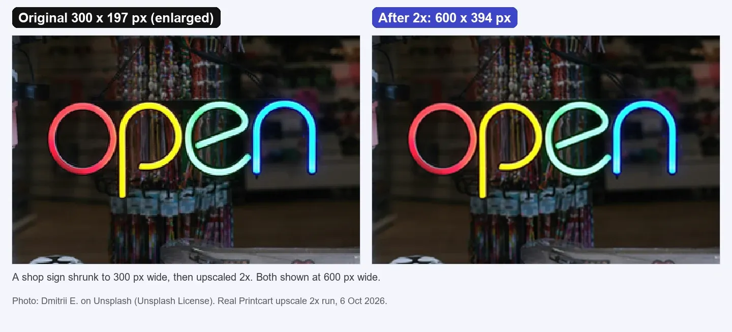 A 300 pixel wide shop sign enlarged next to its 600 pixel wide result after a 2x upscale