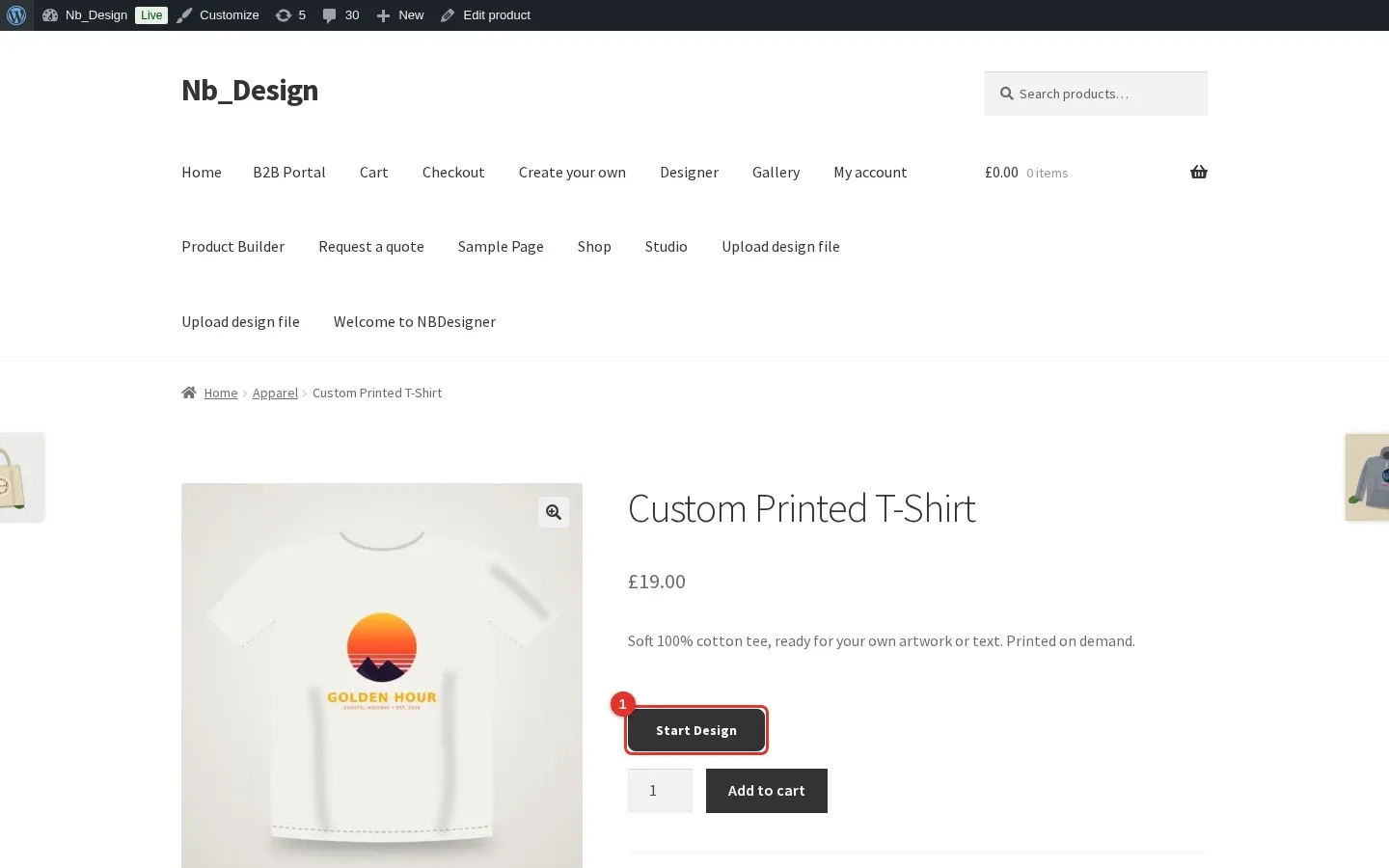 Custom Printed T-Shirt product page with the Start Design button marked 1