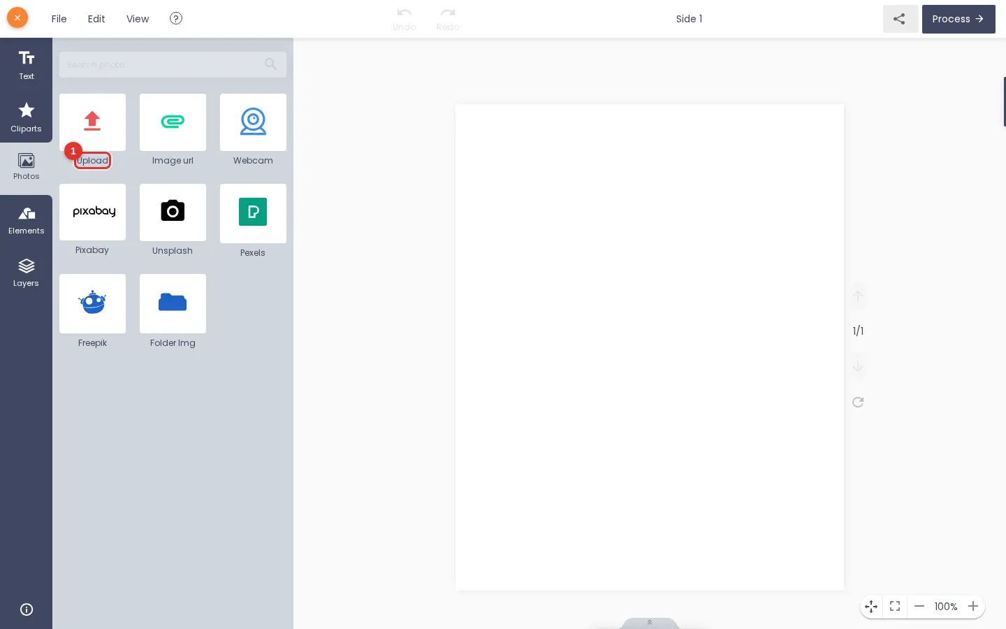 Designer Photos tab with the Upload tile marked 1