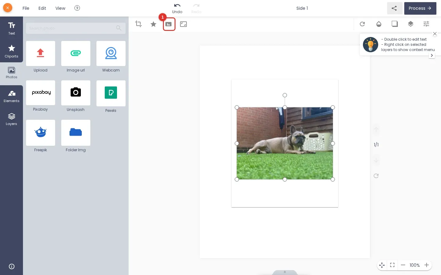 Designer image toolbar with the Remove background AI icon marked 1 next to the Upscale icon